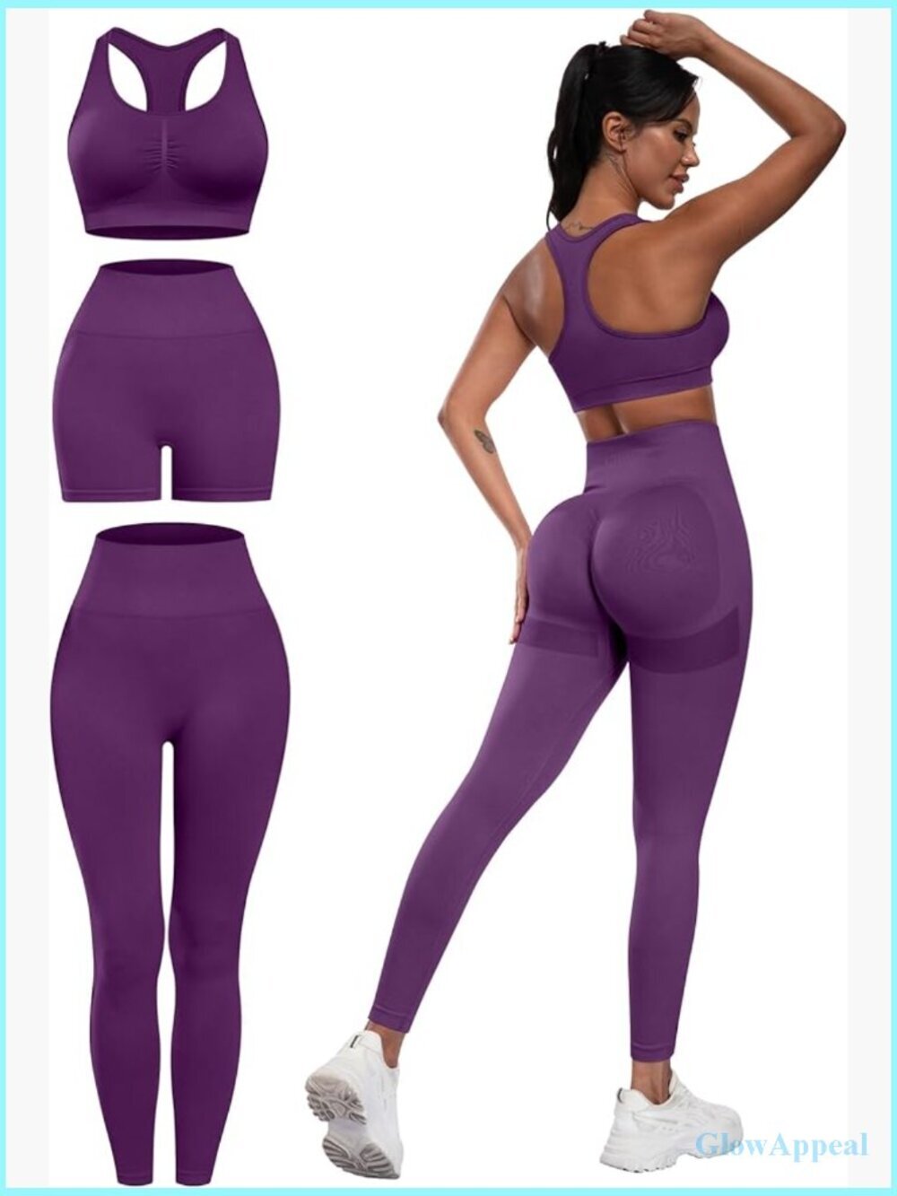 3 Pc Workout Set Butt Lifting Leggings High Impact Sports Bra Gym Shorts